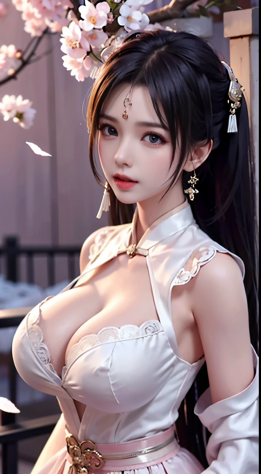 Goddess girl 14 yeard old,in Dynasty song Hanfu chested open -cloth luxury detaild ,(quality、tmasterpiece:1.2), petticoat lace,pigtails,silvery white hair、Smooth skin、Beautiful mouth、(beautiful postures),(Chinese style translucent pocket cloth),Translucent light purple gold gorgeous Chinese cheongsam,themoon,Lying in the snow,,Visible on the back,((Super big and soft breasts:1.6)),Accent strapless,Clear silk scarf,Translucent white plush shawl,red and white petals,natta,ellegance,The lateral chest is visibleultra high resolution,Ultra-clear Chinese antique style black flowing hair with a delicate bun)By bangs,(Long flowing hair,With a bun:1.3)), open V-chested clothes royal, Wet body of thin silk fabric, Thin silk lace dress, (huge ,cleavage),, white pink, blue ,best qualtiy,tmasterpiece,ultra high resolution,(Realism:1.4),RAW photogr,(True skin texture:1.3),(filmgrain:1.3),(Selfie angle),1个Giant Breast Girl,Beautiful eye and face details,tmasterpiece,Best quality at best,,The chest more exposed, detailed hair, bra pink , detail 8k, upper body,,Delicate collarbones,beautiful make up,Exquisite and perfect facial features,,Big watery eyes,Lying silkworm,Long eyelashes,The eyes are sweet and have eye shadow,Slim waist,Do not show your hands,,lipsticks,Blushlush,Delicate earring earrings