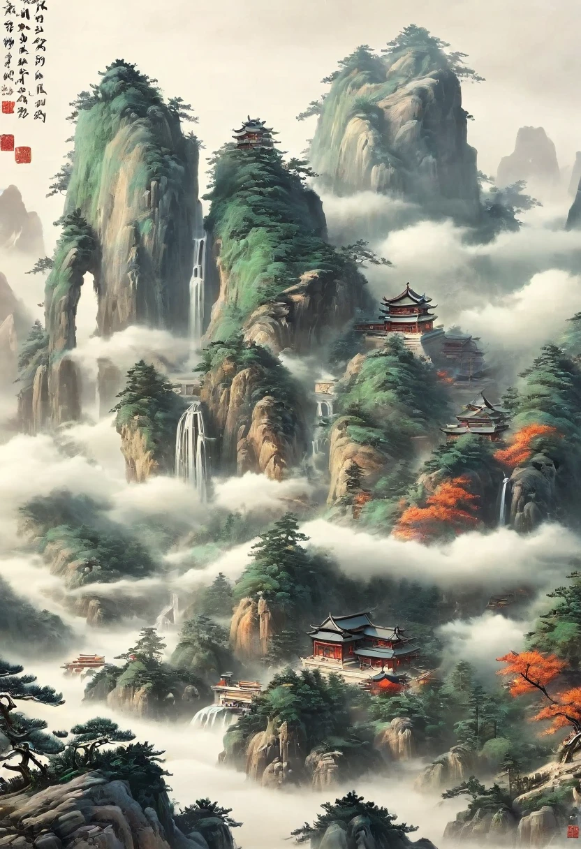 Chinese landscape painting，landscape artistic conception，Zen aesthetics，Zen Essay，Chinese architectural complex，cloud，cliff，Pine trees，fall，Elk，Rich in light，Takayama，Green Mountain Simplicity，Extreme details，unmatched details，Special effect、Realism and exquisite details，Tyndall effect