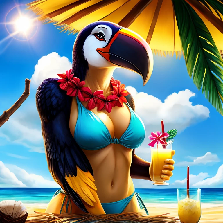 Solo female, toucan, avian, bird, bikini, flower lei, coconut drink, beach, Hawaiian, tropical, sunshine