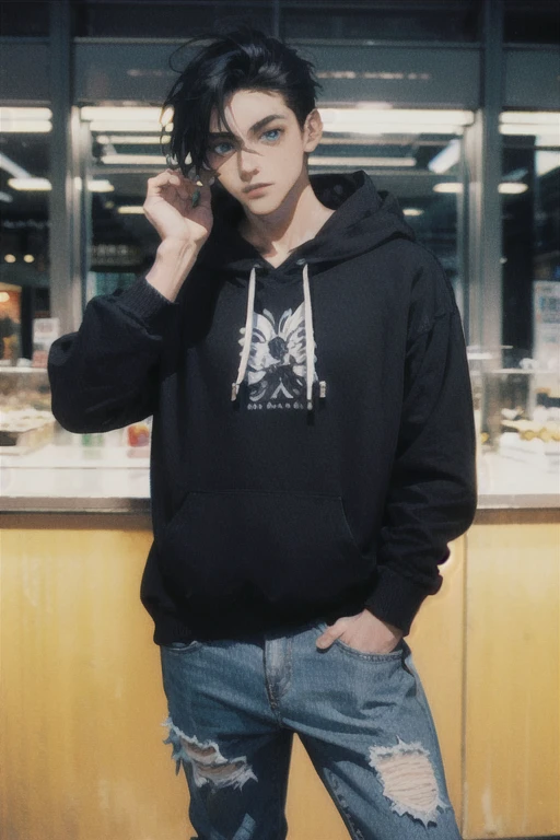 Chiseled features, blue eyes, black hair, thin, masculine, feminine clothes, 1 male, teenager, hoodie, ripped jeans