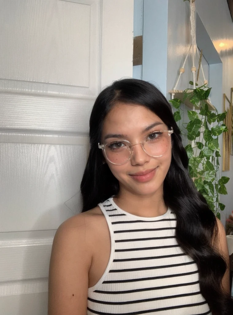 there is a woman wearing glasses and a striped top, girl wearing round glasses, girl with glasses, thick glasses, with glasses, wavy long black hair and glasses, wearing small round glasses, wearing thin large round glasses, eyeglasses, with glasses on, wearing round glasses, transparent glasses, glasses, big round glasses, round glasses, violet myers