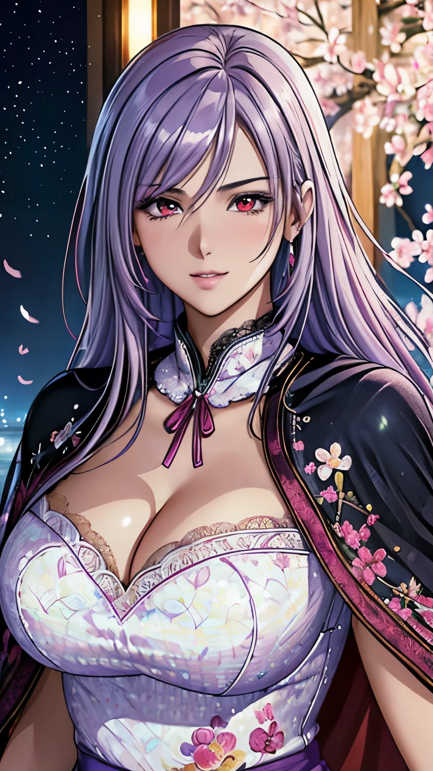 red eyes, (highest quality, masterpiece painting:1.3), immature woman, , (half body shot), masterpiece, ultra high resolution, (Photoreal:1.0), ((light purple hair)),straight hair, beautiful shining hair, white and shining skin, ((Ultra realistic details)), octane rendering, highly detailed face, (big breasts:0.8), (make a heart with hands), (((Wearing Fluorescent fabric:harem outfit,Suzhou embroidery technique:Lace sequin cloak woven from feathers))), Fabric Glows,  open neckline, cleavage, perfect body, soft skin, White cherry blossom embroidery pattern, silver earrings,（milky way galaxy), Hair flutters under the influence of the wind, Japanese garden with beautiful cherry blossoms at night, Mysterious night sky, Beautiful Landscapes, sharp focus, intricate details, professional artwork, (bright colors:1.1), bright colors, diffused lighting, digital blending, ultra-definition body, ultra detail hair, super detailed face, that&#39;It&#39;s trending on pixiv, top button open, Cute gaze, compensate, perfect lips, perfect compensate, Ultra-precision coating, (light_smile:0.8), (Very embarrassed:1.2), blush your nose,