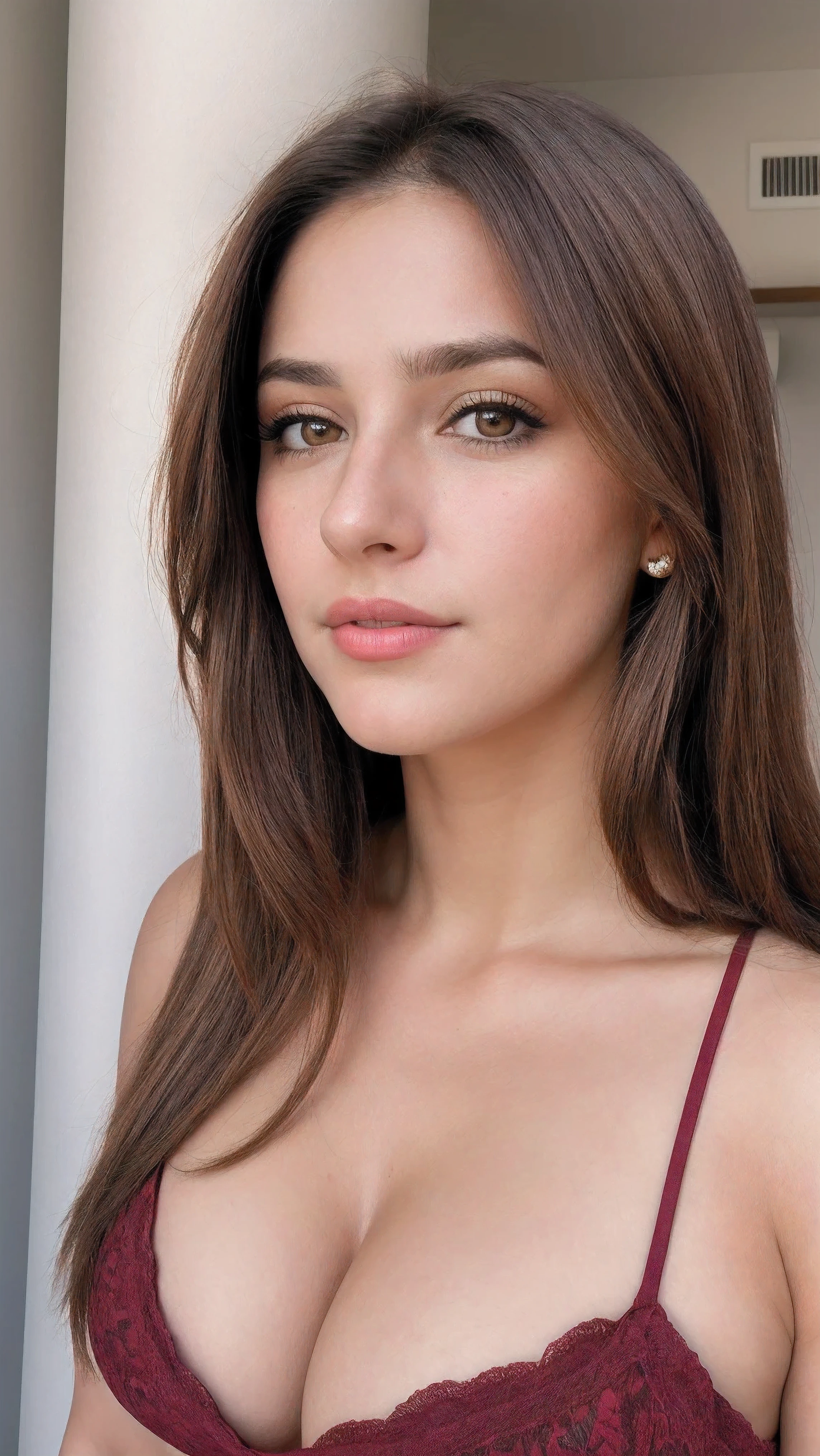 Senhora bonita,, maquiagem escura, Fotografia hiper detalhada, luz suave, head and breast portrait, cobrir, big breast, breast detailed, best quality, (rosto bonito detalhado, textura da pele do detalhe, corpo ultra-detalhado:1.1) brown hair, Hazel Eyes 18 anos adolescente
