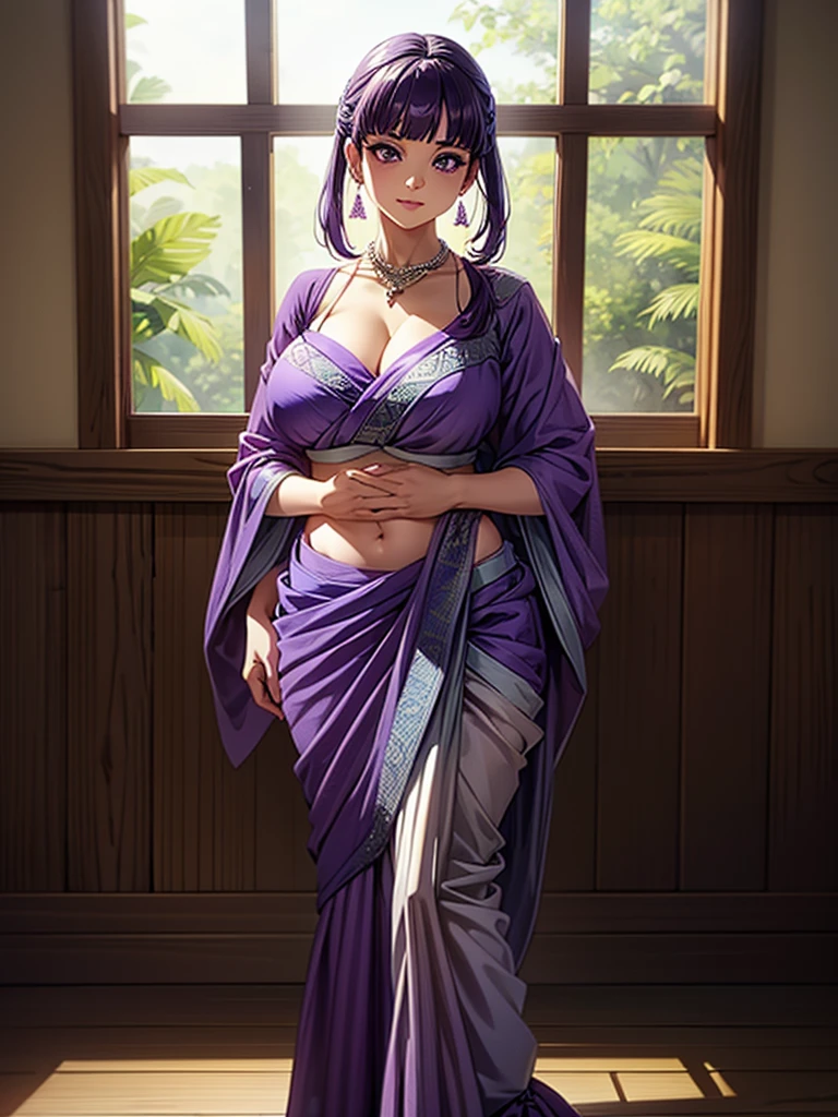 （8k, RAW photos, minino：1.1） ，female，（looki at viewer company），cowboy lens，Japanese，fern / (sousou no frieren\），（fullbody saree：1.1），La Brett Piercing，cleavage，(((purple saree)))，seductive smile，Be red on the face, full body photo, standing, lean, muscular legs, muscular belly,purple hair, cleavage,purple eyes, huge breasts, shy pose, Professional lighting、photon mapping、physics-based rendering、dark theme，wearing wifs, jewellery and necklace, alone, extreme high quality, legs covering saree