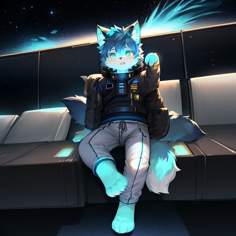 "(High quality sci-fi scenery and shadows,Ray Tracing,Particle Effects,8k resolution),(Cat-eared Shota boy and a huge wolf tail+The ears are big and long)of(White luminous pants+皮毛是白色of+Yellow and blue luminous clothes),Wearing futuristic sci-fi naval command uniform,Space Helmet,Animal-type feet,散发着神秘又英气of可爱气质。"