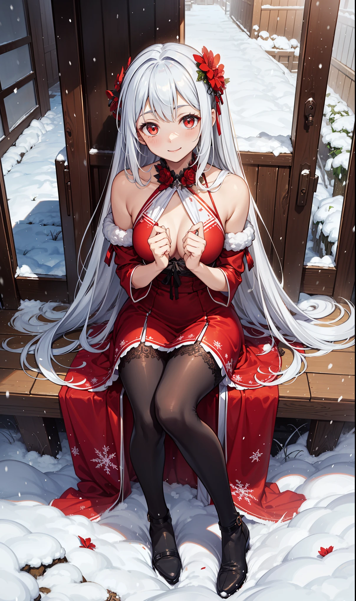 girl,Smile,in love,Moderate,(Red hollow dress long dress),Translucent clothing,holy,Lilac skirt,beautiful pattern,sky blue pattern,snowy night,Transparent lace,Dress nicely,Sitting,The only person,Special hairstyle,Mythical courtyard,(night:1.1),blizzard,(Snowflakes flying),(Black long sling boots:1.1),Pantyhose,Delicate and beautiful face,Sitting,Playing in the snow,Red Eyes, Frosty white hair,Warm down