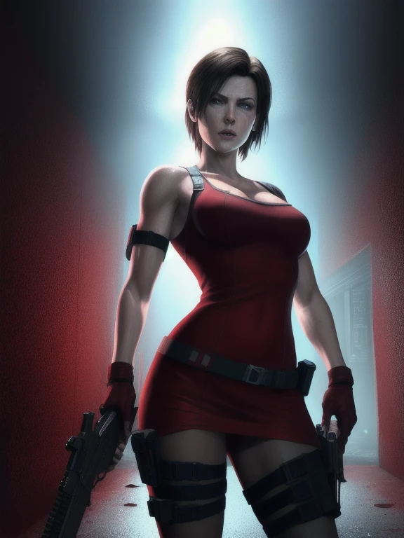 ((Digital painting)),((4k)),((comic Babes)), a woman in a red dress holding a gun in a dark tunnel, Resident Evil inspired, glamorous Jill Valentine, Resident Evil, deviantart artstation cgscosiety, epic illustration digital art, Resident Evil 1, photorealistic dark concept art, background of Resident Evil game, ultra realistic concept art, by Eddie Mendoza, art, video game digital art