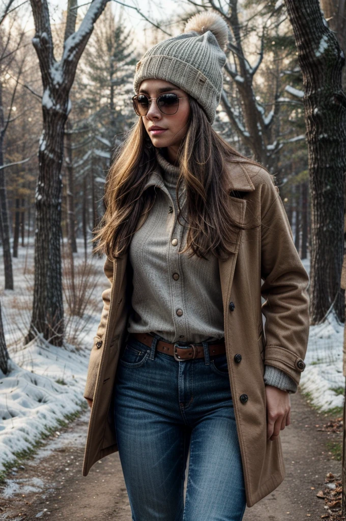 Ultra-realistic capture, Highly detailed, High resolution 16k close-up of human skin. Skin texture must be natural, With such detail that pores can be finely identified. Skin should look healthy, In a uniform tone. Use natural light and color, Wool coat, Jeans, Boots, beanie, Sunglasses:1.5, black hair, Blonde inner hair, Long Hair, Full Body Shot, Enchanted winter forest with sparkling snowflakes