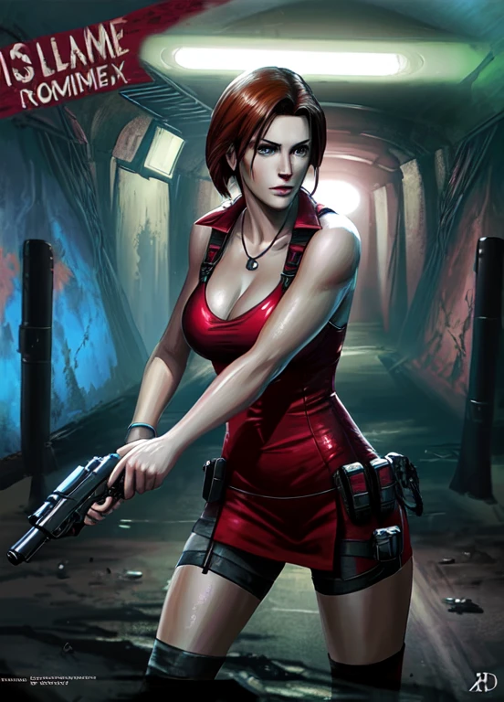 ((Digital painting)),((4k)),((comic Babes)), a woman in a red dress holding a gun in a dark tunnel, Resident Evil inspired, glamorous Jill Valentine, Resident Evil, deviantart artstation cgscosiety, epic illustration digital art, Resident Evil 1, photorealistic dark concept art, background of Resident Evil game, ultra realistic concept art, by Eddie Mendoza, art, video game digital art