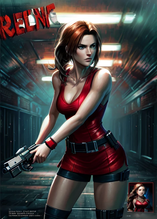 ((Digital painting)),((4k)),((comic Babes)), a woman in a red dress holding a gun in a dark tunnel, Resident Evil inspired, glamorous Jill Valentine, Resident Evil, deviantart artstation cgscosiety, epic illustration digital art, Resident Evil 1, photorealistic dark concept art, background of Resident Evil game, ultra realistic concept art, by Eddie Mendoza, art, video game digital art