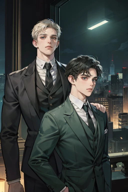 ((One young man with a black suit and tie)), gotham, alejandro, (((side swept dark short hair))), (dark green eyes and thick eyebrows), smirk, ((20 years old)), ((masterpiece)), posture dynamic, ((cinematic lighting)), (height tall around 5'6)