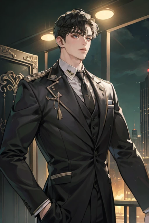 ((One young man with a black suit and tie)), gotham, alejandro, (((side swept dark short hair))), (dark green eyes and thick eyebrows), smirk, ((20 years old)), ((masterpiece)), posture dynamic, ((cinematic lighting)), (height tall around 5'6)