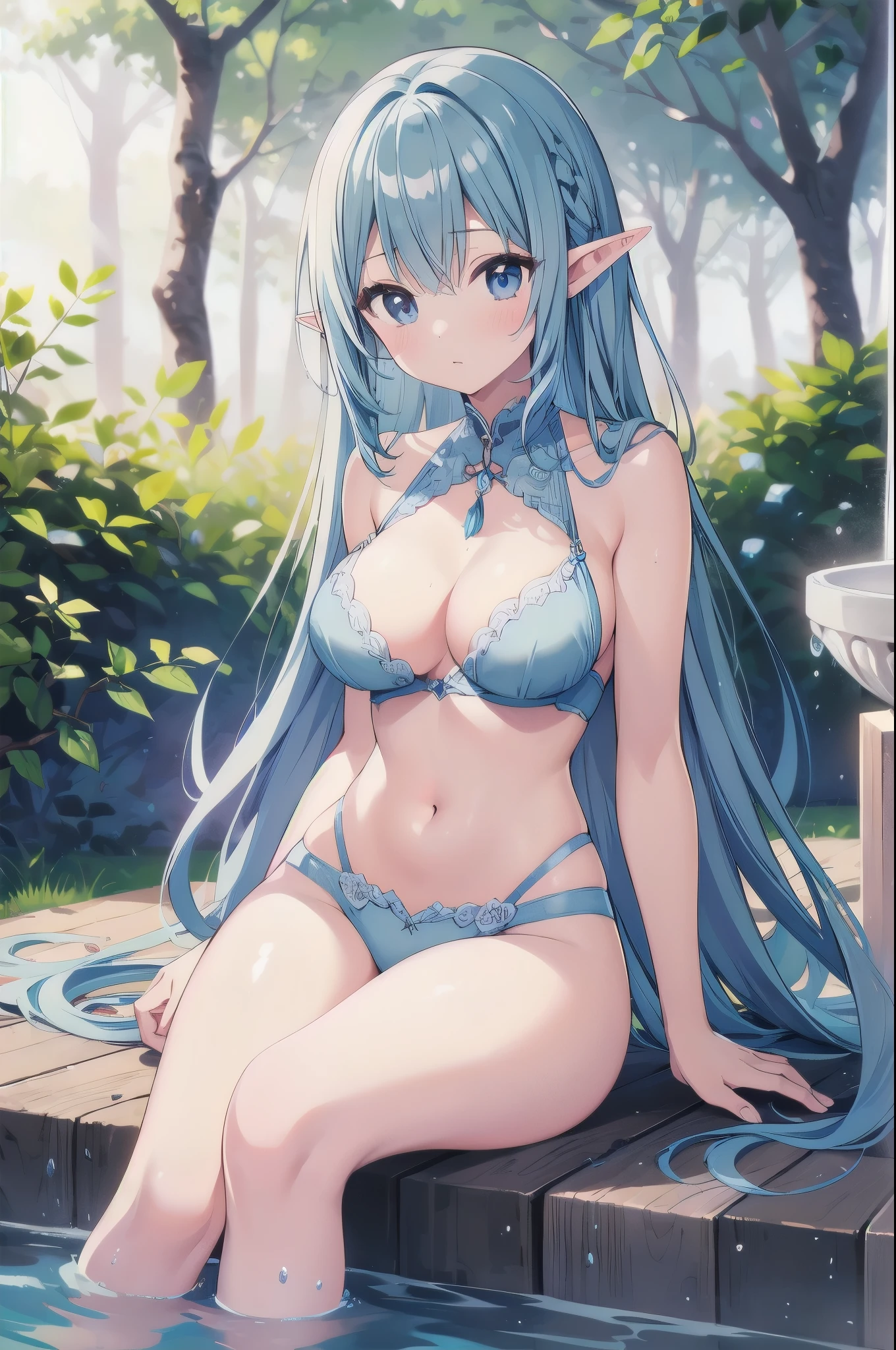 (Masterpiece)、(highest quality)、((Super detailed))、(Ultra delicate)、Pastel colored hair、Beautiful breasts、Fantastic forest fountain、Sexy elf bathing