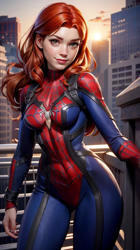 ((Mary Jane Watson )), (((exposed breasts))), unzipped:1.2, bright eyes, smile, Beautiful woman detailed defined body using spider man cosplay, small breasts, ((breasts popping out)), unzipped, auburn hair, narrow waist, wide hips ((Spider-Man cosplay)), (she is holding a Spider-Man mask) (location is city rooftop), time of day is night, the costume is unzipped