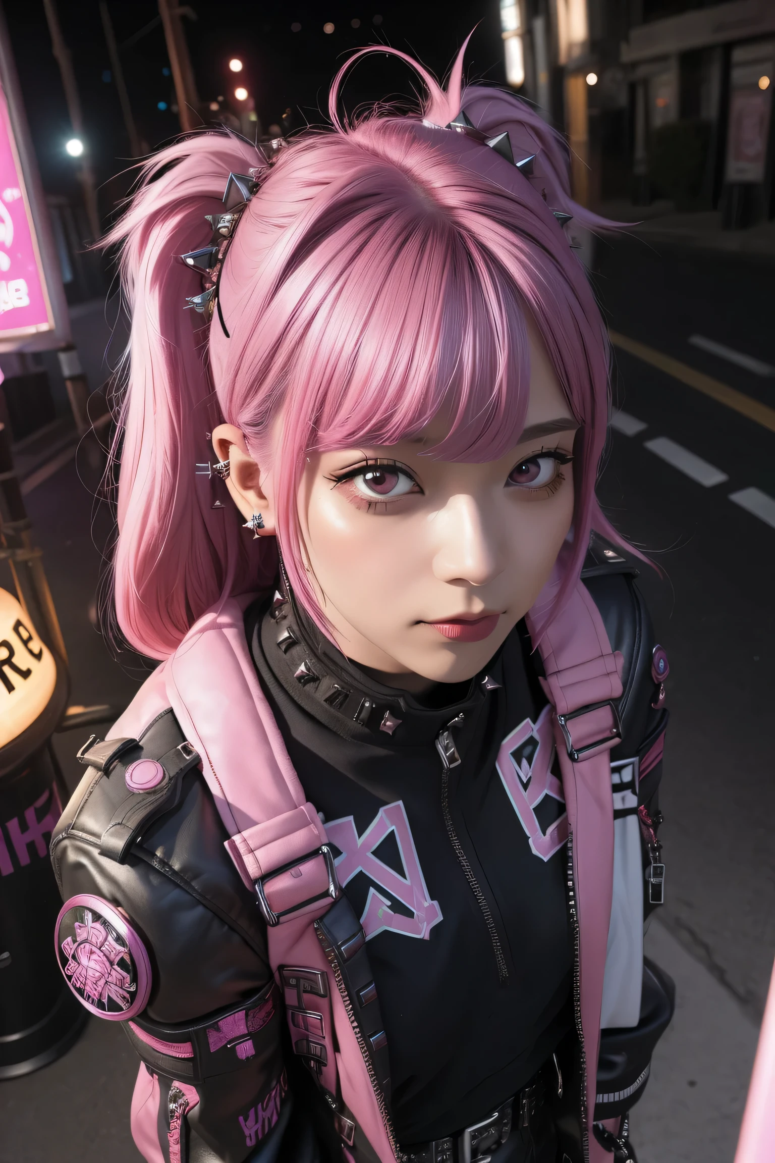 (highest quality、8k、32K、masterpiece、nffsw:1.3)、(Photoreal:1.4),18-year-old punk girl,eccentric punk hair,black and red pink punk fashion,clothes with studs、pink haired,Wacky makeup、night city background,Glare of street lamps、Lens flare、Depth of the bounds written,blurred background,((upturned eyes)),((Angle from above:1.3)),from above、Looking at camera,