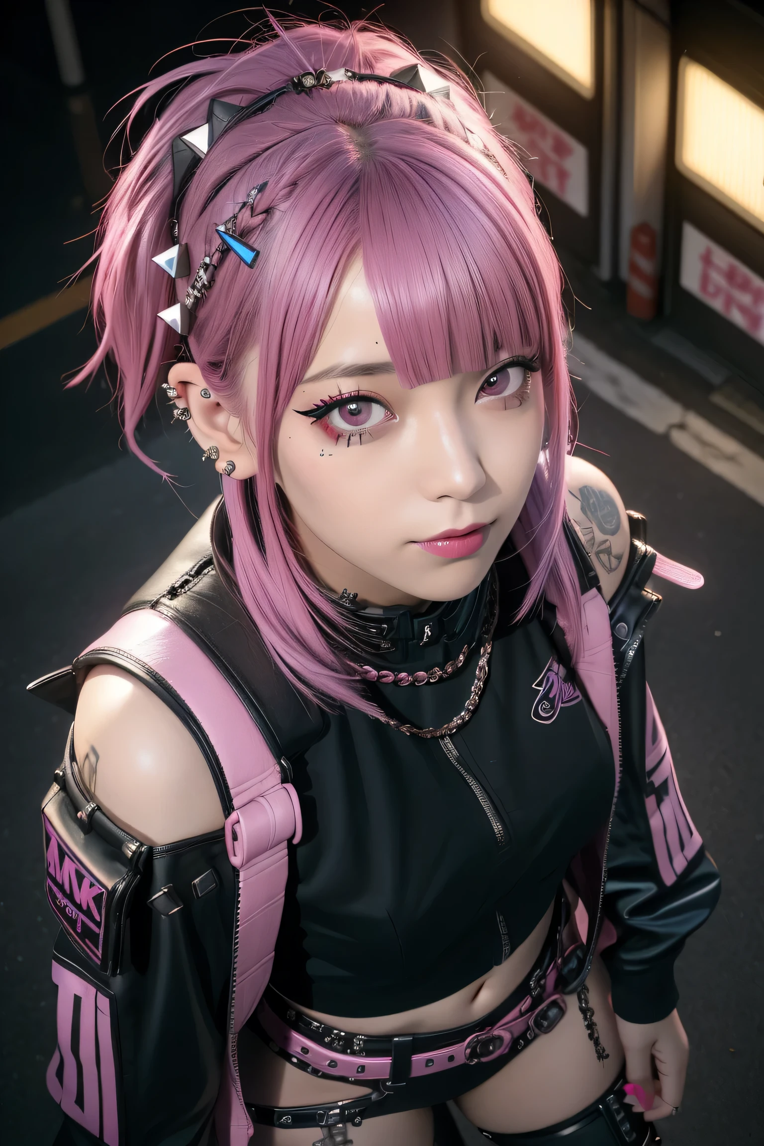 (highest quality、8k、32K、masterpiece、nffsw:1.3)、(Photoreal:1.4),18-year-old punk girl,eccentric punk hair,black and red pink punk fashion,clothes with studs、pink haired,Wacky makeup、night city background,Glare of street lamps、Lens flare、Depth of the bounds written,blurred background,((upturned eyes)),((Angle from above:1.3)),from above、Looking at camera,