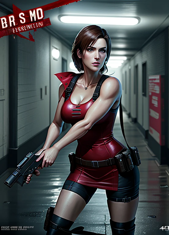 ((Digital painting)),((4k)),((comic Babes)), a woman in a red dress holding a gun in a dark tunnel, Resident Evil inspired, glamorous Jill Valentine, Resident Evil, deviantart artstation cgscosiety, epic illustration digital art, Resident Evil 1, photorealistic dark concept art, background of Resident Evil game, ultra realistic concept art, by Eddie Mendoza, art, video game digital art