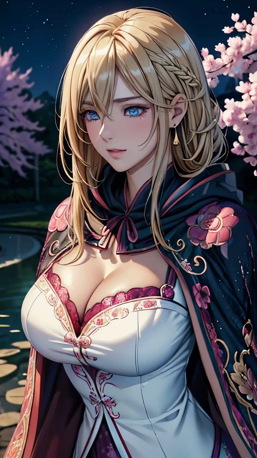 blue eyes, (highest quality, masterpiece painting:1.3), immature woman, , (half body shot), masterpiece, ultra high resolution, (Photoreal:1.0), ((gold hair)),straight hair, beautiful shining hair, white and shining skin, ((Ultra realistic details)), octane rendering, highly detailed face, (big breasts:0.8), (make a heart with hands), (((Wearing Fluorescent fabric:harem outfit,Suzhou embroidery technique:Lace sequin cloak woven from feathers))), Fabric Glows,  open neckline, cleavage, perfect body, soft skin, White cherry blossom embroidery pattern, silver earrings,（milky way galaxy), Hair flutters under the influence of the wind, Japanese garden with beautiful cherry blossoms at night, Mysterious night sky, Beautiful Landscapes, sharp focus, intricate details, professional artwork, (bright colors:1.1), bright colors, diffused lighting, digital blending, ultra-definition body, ultra detail hair, super detailed face, that&#39;It&#39;s trending on pixiv, top button open, Cute gaze, compensate, perfect lips, perfect compensate, Ultra-precision coating, (light_smile:0.8), (Very embarrassed:1.2), blush your nose,