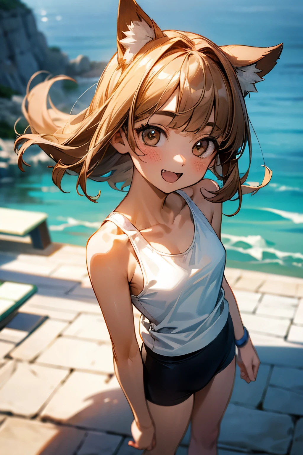 ((Masterpiece)), ((best quality)), (Anime:1.3), (RAW photo:1.2),(High Definition:1.3), (Professional Photography:1.4), (()), 8K, Glossy skin, cinematic lighting, 1girl, wide-shot, (Knit fabric tank top), (Cute innocent teenage girldar body, small breast, glossy medium hair, (loose blunt bangs), ((:3)), open mouth, fang out, looking up, (naughty smile), beautiful collarbones, (slightly exposed shoulders), (dog ears), pale brown hair, Hair that flutters in the wind, BREAK, ((best quality)), (Drinking water), (on Dubrovnik townscape), summerday,