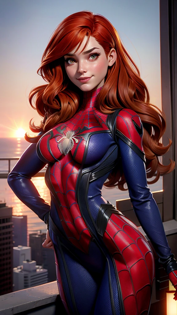 ((Mary Jane Watson )), (((exposed breasts))), unzipped:1.2, bright eyes, smile, Beautiful woman detailed defined body using spider man cosplay, small breasts, ((breasts popping out)), unzipped, auburn hair, narrow waist, wide hips ((Spider-Man cosplay)), (she is holding a Spider-Man mask) (location is city rooftop), time of day is night, the costume is unzipped