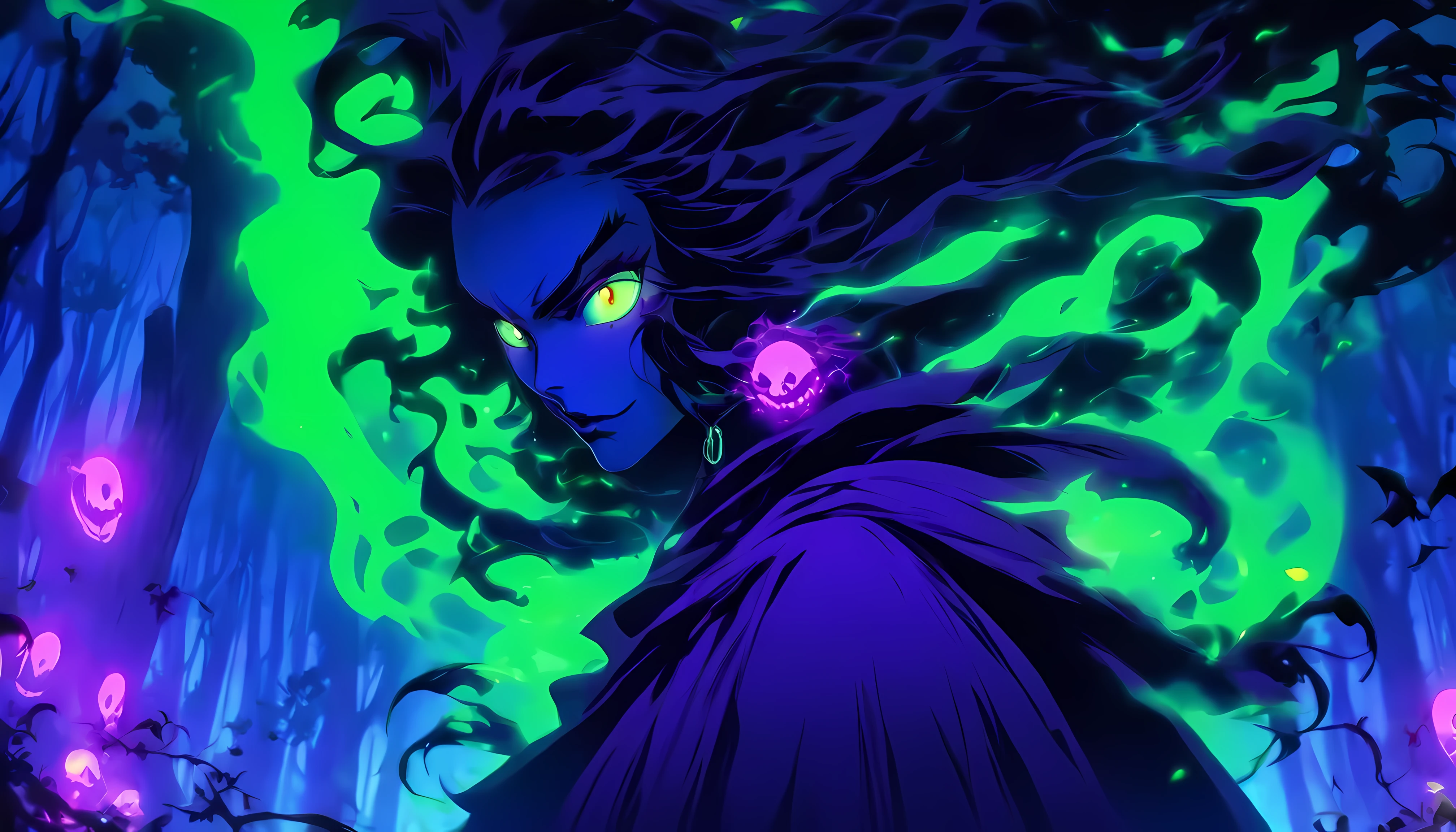 Tags: poisonous evil witch, terrible glowing purple spells, neon green, purple, dark atmosphere, spooky, eerie, sinister, magical, glowing eyes, long crooked nose, flowing black robes, enchanted forest, misty, haunting, foggy, creepy creatures, bats, spiders, eerie moonlight, twisted trees, ominous shadows, witch's cauldron, bubbling potion. (best quality, 4k, highres), ultra-detailed, realistic, portraits, dark fantasy, vivid colors, moody lighting.