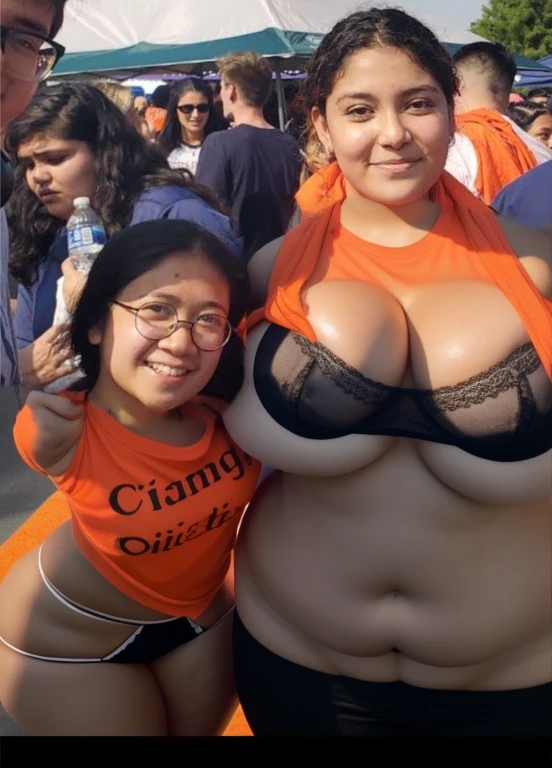 several people are posing for a picture in front of a crowd, profile pic, profile picture, very very low quality picture, having a great time, group photo, with the sun shining on it, hundreds of them, over-shoulder shot, pictured from the shoulders up, karla ortiz, center of picture, wearing an orange t shirt, discovered photo, Big tits, huge tits, no clothes, sexy, cute, minimal clothes, thick, bbw, chubby stomach, thick nipples, nipple piercings, large areola, hard nipples, piercing through shirt, nipples hard through shirt, busty, major cleavage, naked, ripping through top, spilling over sides, bra too tight, giant tits, extra wide hips, upper body zoom in, showing off huge tits, fat stomach, see through top, fat bbw, large areola showing, major cleavage, latina, down to stomach, wide hips, sexy, upper body zoom, thick arm, showing off tits, top half only, showing only upper, height difference, down to waist, tall and short girls, belly worship, tits worship, touching each other sexy, touch other sexy style, tall and short standing next to each other, two thicc girls different heights, no pants, touching , twerk together, height difference
