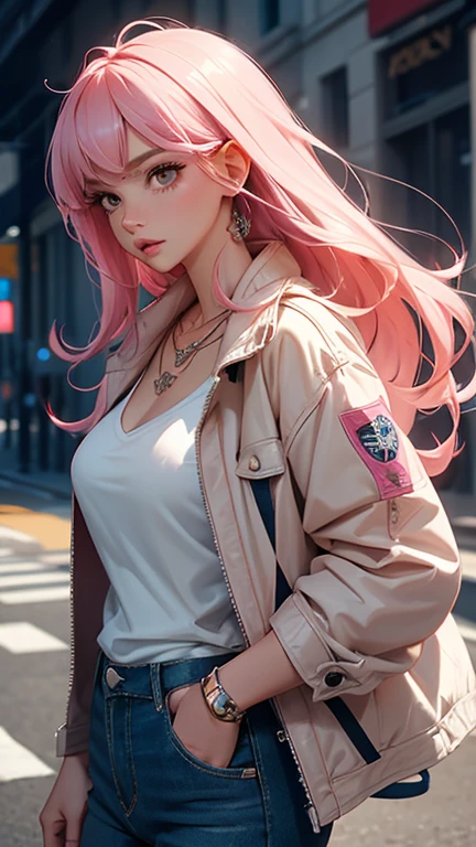 1girl, solo, pink_hair, long_hair, jacket, brown_eyes, shirt, parted_lips, white_shirt, pants, denim, jewelry, breasts, blue_jacket, necklace, open_clothes, lips, sky, day, open_jacket, medium_breasts, long_sleeves, nose, jeans, looking_to_the_side