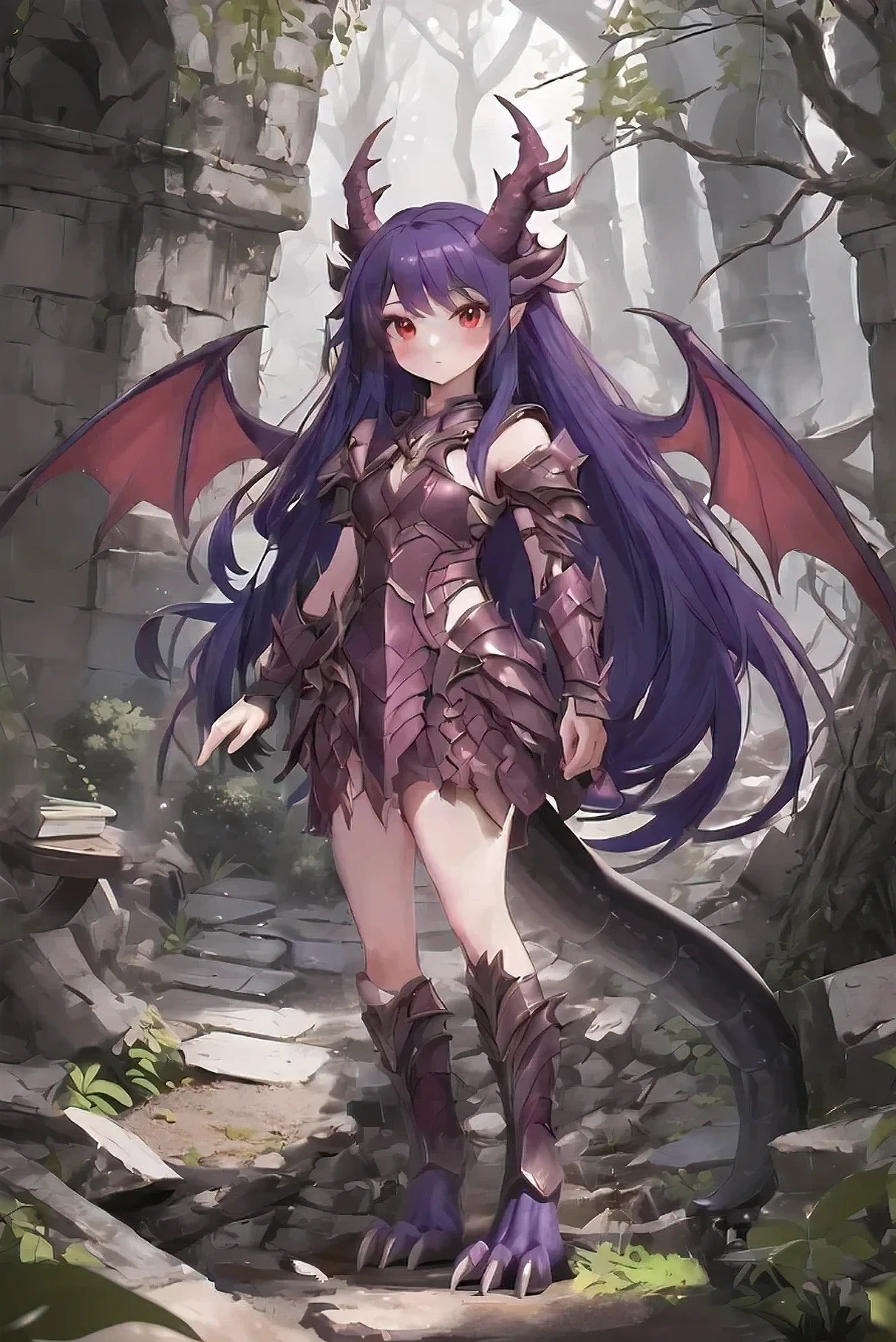 white skin, perfect skin, small nose, purple hair, bangs,