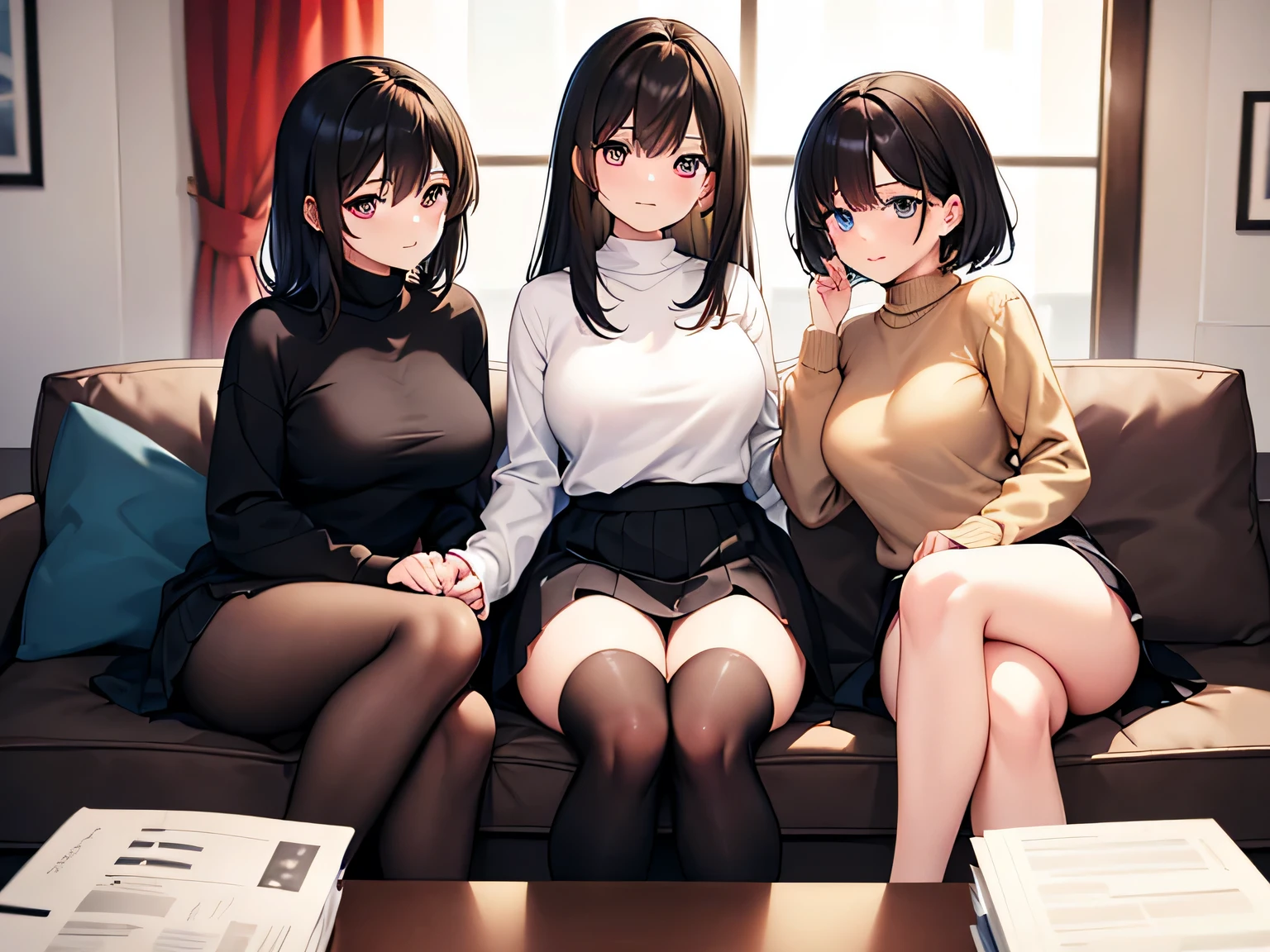 (Masterpiece, top quality, high resolution, realistic photo, realistic looking skin:1.1),
(Three women are sitting on an office couch:1.5),
(The first is 25 years old with short black hair, a long-sleeved knit with a V-neck, a white flared skirt and white pumps:1.8),
(The second is 22 years old with long black hair, a crew-neck long-sleeved knit, a black flared skirt, and black pumps: 1.8),
(The third is 23 years old with medium brown hair, a turtleneck long-sleeved knit, a red flared skirt and beige pumps:1.8),
(All three are dressed in office casual clothing:1.8),
(The location is a couch in an office break room:1.5),
Full-bodied Esbians, beautiful eyes, glowing eyes, glowing thighs, NSFW.