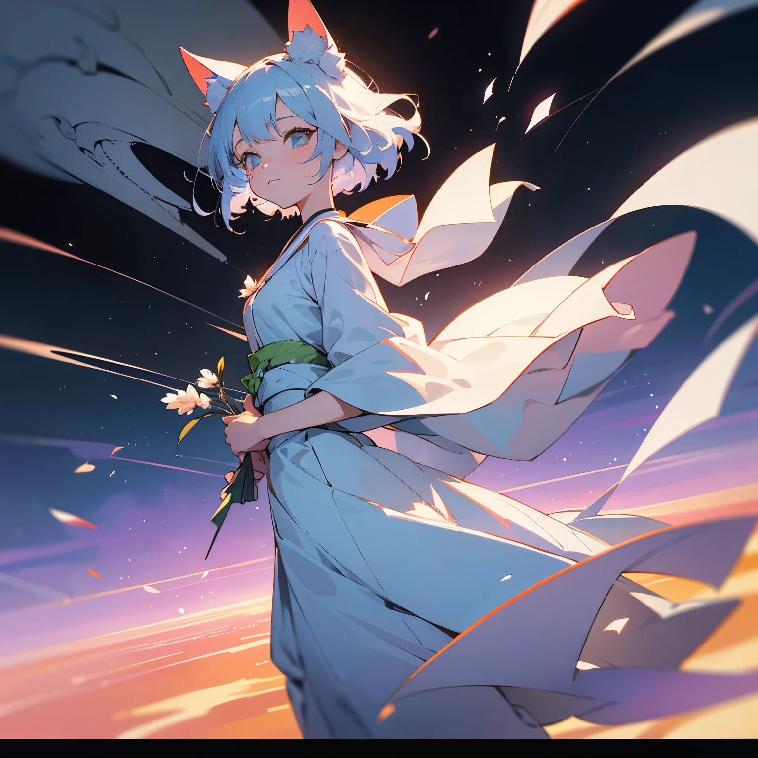 A silver-haired girl in white and orange mecha, flying on a spaceship of an advanced sci-fi space battleship with a black background, in the style of anime, with an anime composition and anime light effects, with a game art design, rendered in Unreal Engine, from a full body perspective with a high angle view, in a dynamic posture, and with a cool color scheme., A cute blonde girl with cat ears, dressed in white girls attire and holding flowers in her hands stands between two other girls who have blue hair, light green eyes and red fox tails. The background is a pink checkered pattern. In the style of anime., 0.8 Spherical mirror, distorted view of an endless grid with a beautiful shoujo manga anime woman walking on it, happily and kindly atmosphere, surrealistic digital art in the style of psychedelic landscapes, black and white checkered pattern ground, rolling hills in the distance, symmetrical composition, distorted perspective, contrast between lightness and darkness, Beautiful shoujo manga illustration, in style of sharp edge line drawing, sunny day and summer season, in school, cute, in delicate shoujo manga style, blue and grean with orange accents, TAMRON SP 90mm F/ 2. 8 Di MACRO 1: 1 USD, nikon D5, day time, sunny, mangacore, Beautiful anime photography, romantic academia, beautiful japanese young woman wearing  is happily playing harder, half close kindly eyes, full body, Beautiful brown big eyes, 25 years old, detailed glossy delicate skin, short hair, detailed beautiful balanced face, no nasolabial folds face, romantic emotivity, exaggerated action posing, soft edges and blurred details, photo-realistic hyperbole, simple and elegant style, real human body shape, kawaii flat anime face, unstable asymmetric picture screen layout, horizon slightly slanted angle, high dynamic range, high contrast, depth of field, Maximum high detail, Maximum high quality, Maximum high definition, maximum detailed delicate wide landscape, v-ray tracing backgrou