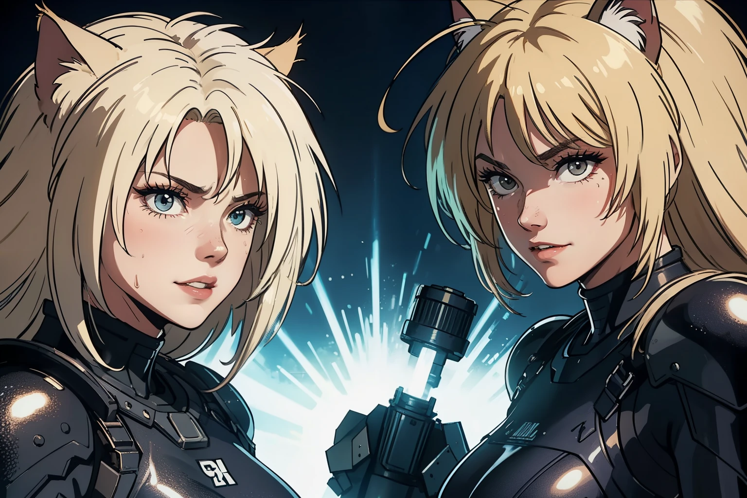 ((highest quality)), ((masterpiece)), (be familiar with), (High definition), 8K, Perfect Face、2Women、Two blonde women with cat ears、((Wearing a powered suit:1.2))、tall、2 Blonde cat ears、2. Long Hair、2. Volumetric hair style、Fearless smile、sweating、big breasts、Narrow waist、Big Ass、glamorous、Alluring、protector、Armor、combat suit、combat boots、Armament、Equipped with large firearms、Cinematic、Best Shadow、Side lighting、NEO TOKYO、riot、explosion、tank、helicopter、(Close-up of face)