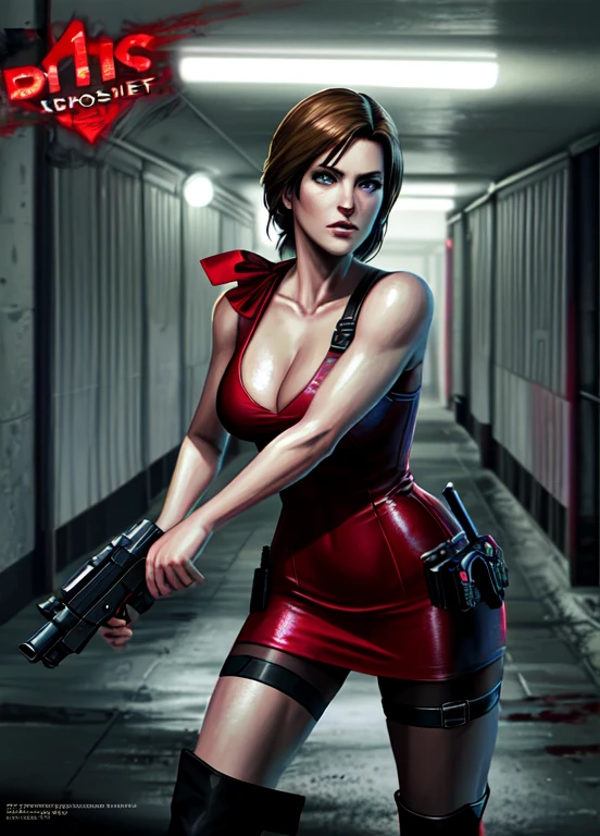 ((Digital painting)),((4k)),((comic Babes)), a woman in a red dress holding a gun in a dark tunnel, Resident Evil inspired, glamorous Jill Valentine, Resident Evil, deviantart artstation cgscosiety, epic illustration digital art, Resident Evil 1, photorealistic dark concept art, background of Resident Evil game, ultra realistic concept art, by Eddie Mendoza, art, video game digital art