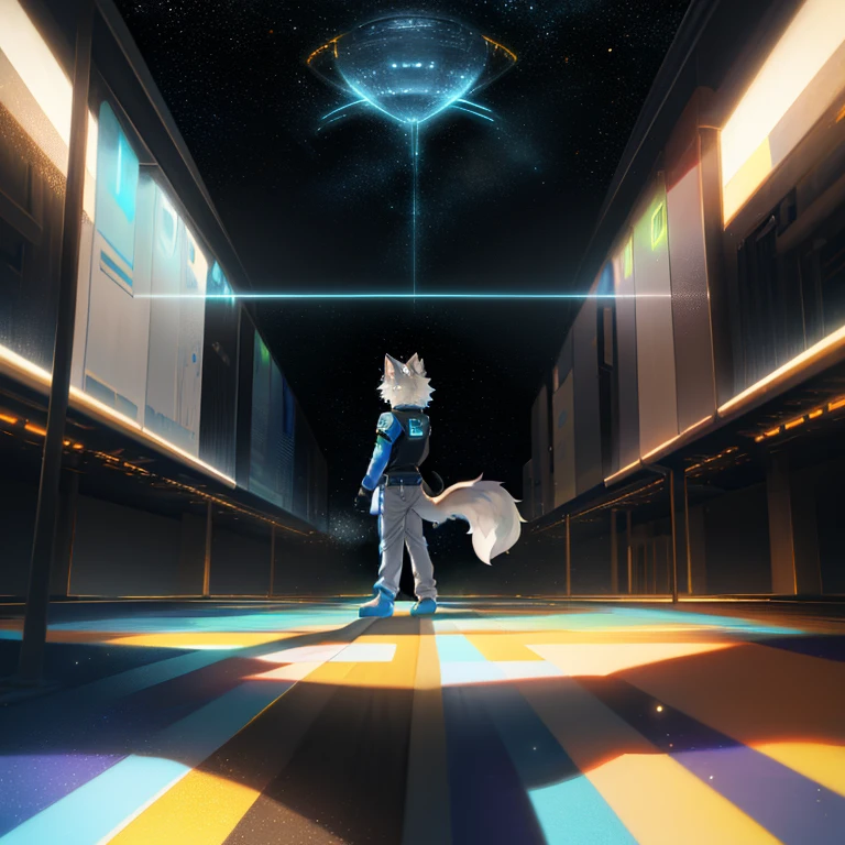 "(High quality sci-fi scenery and shadows,Ray Tracing,Particle Effects,8k resolution),(Cat-eared Shota boy and a huge wolf tail+The ears are big and long)of(White luminous pants+皮毛是白色of+Yellow and blue luminous clothes),Wearing futuristic sci-fi naval command uniform,Space Helmet,Animal-type feet,散发着神秘又英气of可爱气质。"