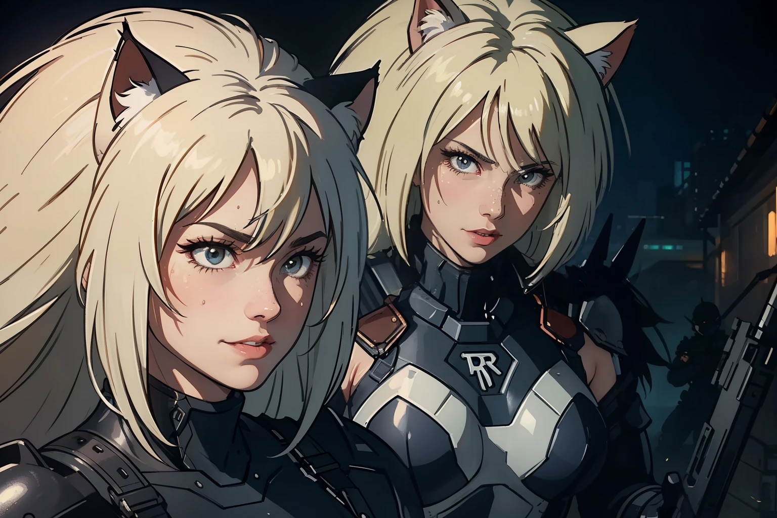 ((highest quality)), ((masterpiece)), (be familiar with), (High definition), 8K, Perfect Face、2Women、Two blonde women with cat ears、((Wearing a powered suit:1.2))、tall、2 Blonde cat ears、2. Long Hair、2. Volumetric hair style、Fearless smile、sweating、big breasts、Narrow waist、Big Ass、glamorous、Alluring、protector、Armor、combat suit、combat boots、Armament、Equipped with large firearms、Cinematic、Best Shadow、Side lighting、NEO TOKYO、riot、explosion、tank、helicopter、(Close-up of face)