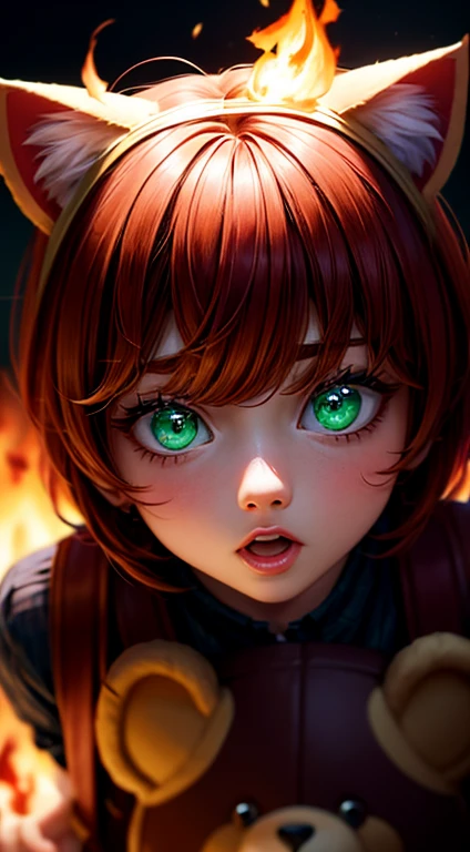 Green Eyes, annie, Red Hair, surprised, brown leather backpack, short hair, fake cat ears, long bangs, fire, teddy bear, tibbers, purple shirt, flame, throwing, close up, glowing
