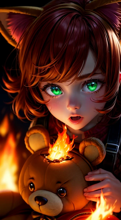 Green Eyes, annie, Red Hair, surprised, brown leather backpack, short hair, fake cat ears, long bangs, fire, teddy bear, tibbers, purple shirt, flame, throwing, close up, glowing