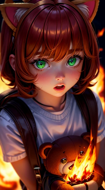 Green Eyes, annie, Red Hair, surprised, brown leather backpack, short hair, fake cat ears, long bangs, fire, teddy bear, tibbers, purple shirt, flame, throwing, close up, glowing
