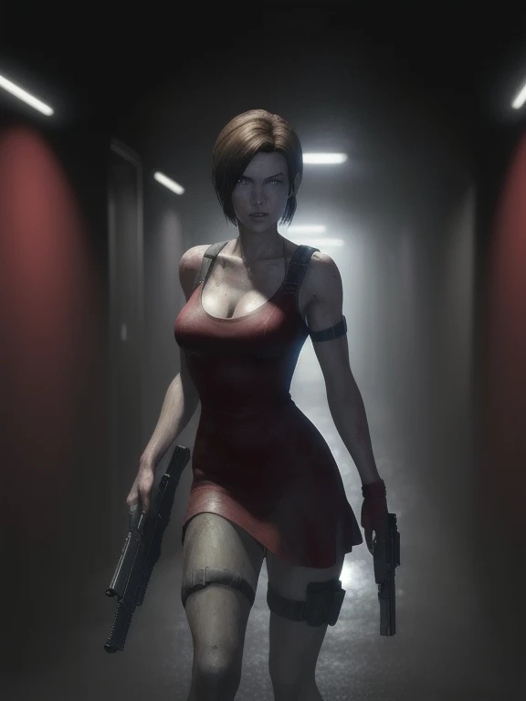 ((Digital painting)),((4k)),((comic Babes)), a woman in a red dress holding a gun in a dark tunnel, Resident Evil inspired, glamorous Jill Valentine, Resident Evil, deviantart artstation cgscosiety, epic illustration digital art, Resident Evil 1, photorealistic dark concept art, background of Resident Evil game, ultra realistic concept art, by Eddie Mendoza, art, video game digital art