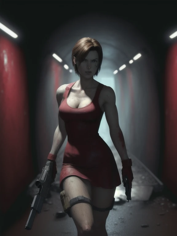 ((Digital painting)),((4k)),((comic Babes)), a woman in a red dress holding a gun in a dark tunnel, Resident Evil inspired, glamorous Jill Valentine, Resident Evil, deviantart artstation cgscosiety, epic illustration digital art, Resident Evil 1, photorealistic dark concept art, background of Resident Evil game, ultra realistic concept art, by Eddie Mendoza, art, video game digital art