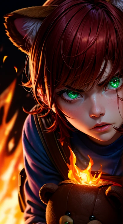Green Eyes, annie, Red Hair, Angry, brown leather backpack, short hair, fake cat ears, long bangs, fire, teddy bear, tibbers, purple shirt, flame, throwing, close up, glowing