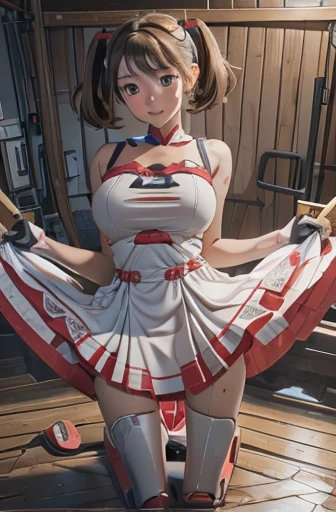 A Female robot is sleeping in bedroom, spread legs, nude, banzai pose. she wears no dress. She Brown short hair is tied with two big red clothespins, She lifts up the under hem of her white plain dress, leaning over, masterpiece, very short pigtails,brown hair, mature, android, blue eyes, full body figure, Height: 160cm, flushed cheeks, 2020s anime picture, A beautiful robot with short brown hair in two short pigtails held up by two very large huge red clothespins, Uplifting, No NSFW, whole body, barefoot, archaic smile, getting orgasm, 25 years old, sweat bucket. 