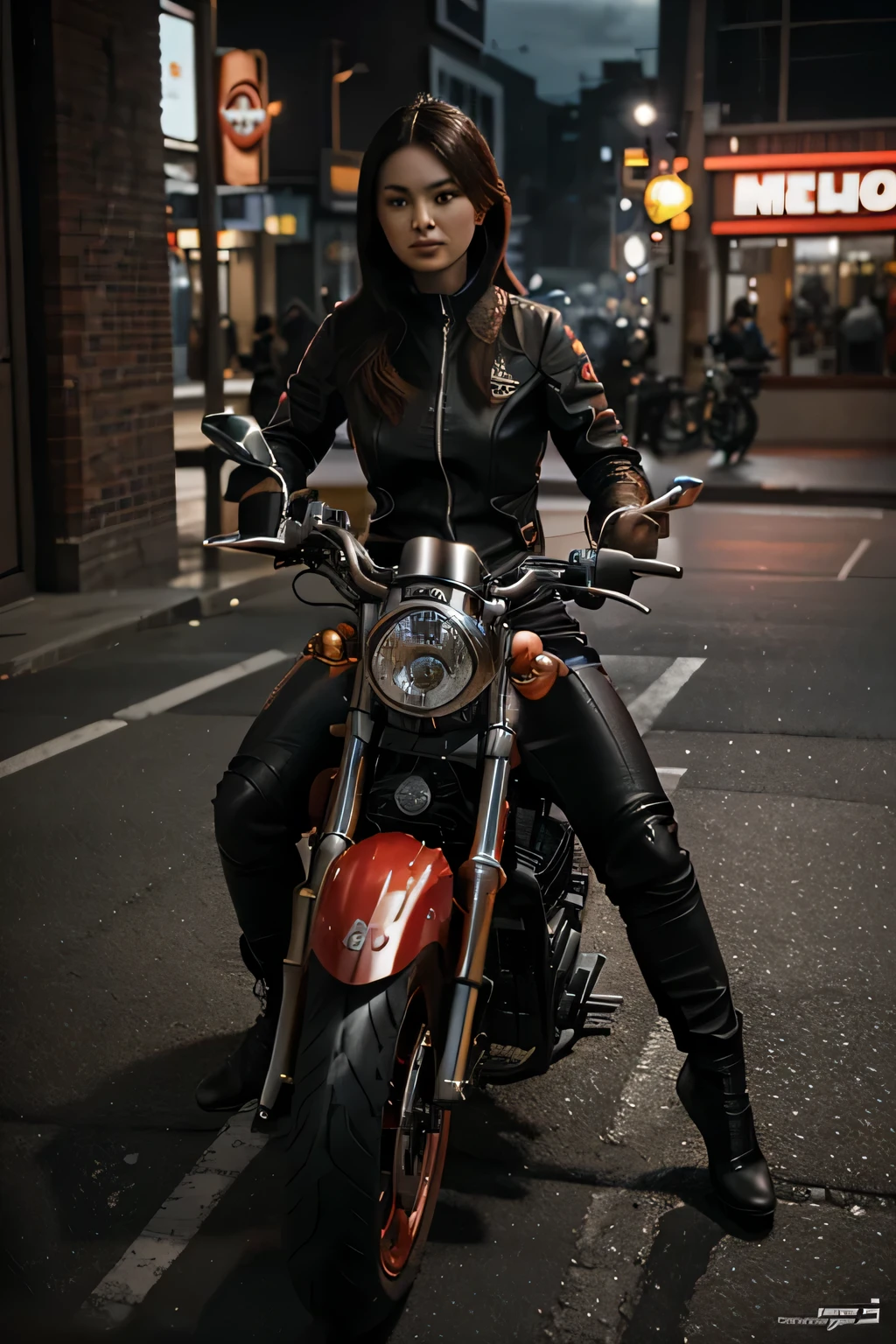 a woman riding a red motorbike, by Cornelisz Hendriksz Vroom, cgsociety 9, image of a woman motorcyclist, by Yang Borun, by Ryan Yee, hyperrealistic 3d digital art, hyperrealistic 3d digital art, inspired by NEVERCREW, woman smoking, hyperrealistic vfx render , hyperrealistic fantasy art