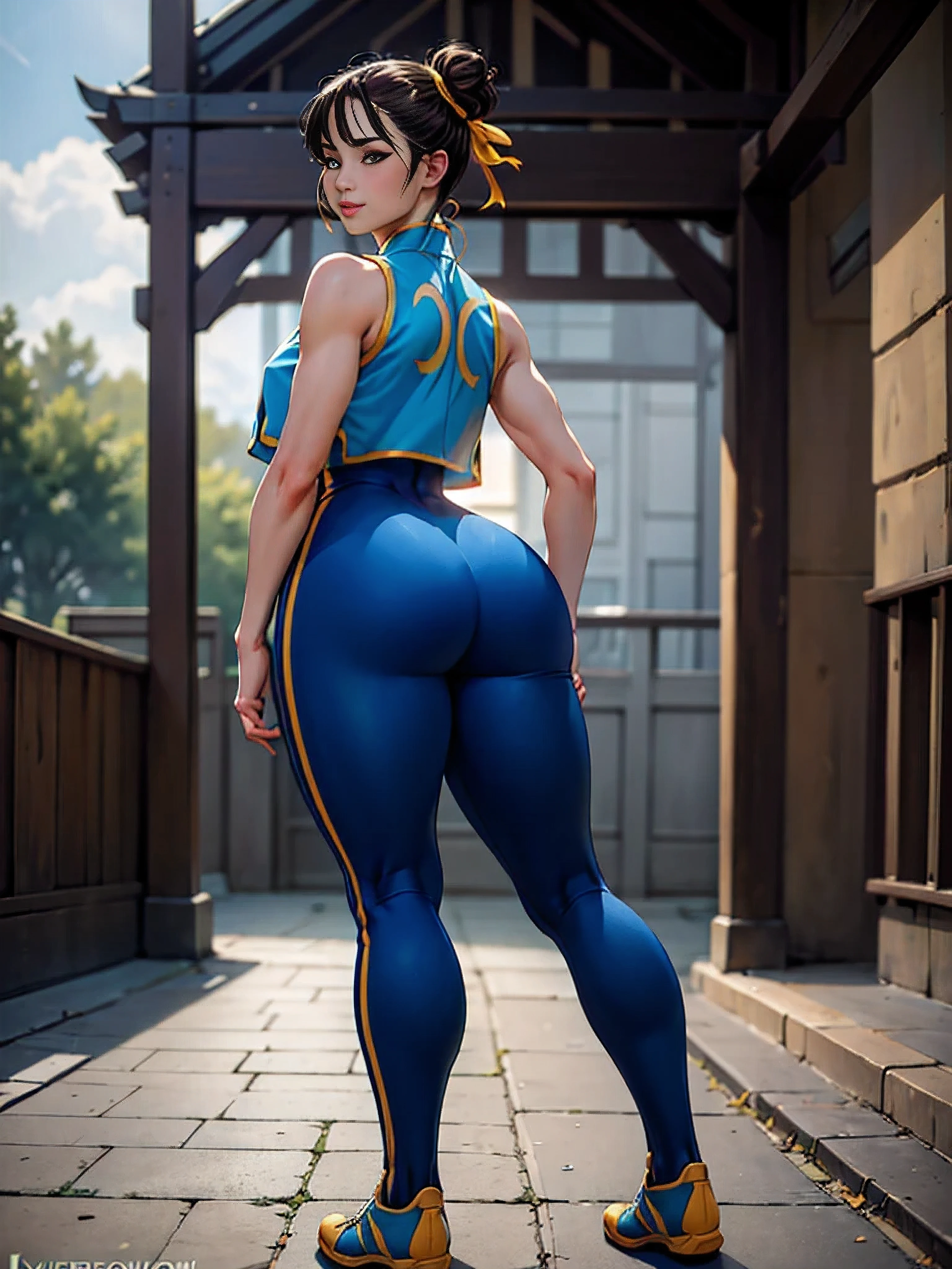 (masterpiece, best quality:1.4), (standing:1.5), 1girl, solo, sfa chun, blue vest, unitard, blue pants, skintight, yellow ribbon, short hair, sneakers, bare shoulders, (european youth  woman:1), looking at viewer, beautifull smile, beautiful face, highly detailed face, highly detailed eyes, subsurface scattering, realistic pupils, full face blush, full lips, detailed background, depth of field, volumetric lighting, sharp focus, absurdres, realistic proportions, (realistic, hyperrealistic:1.4), 16k hdr, from behind, thicc booty, leaning forward, bent over, hands touching floor, touching ground, stretching, sport, lewd