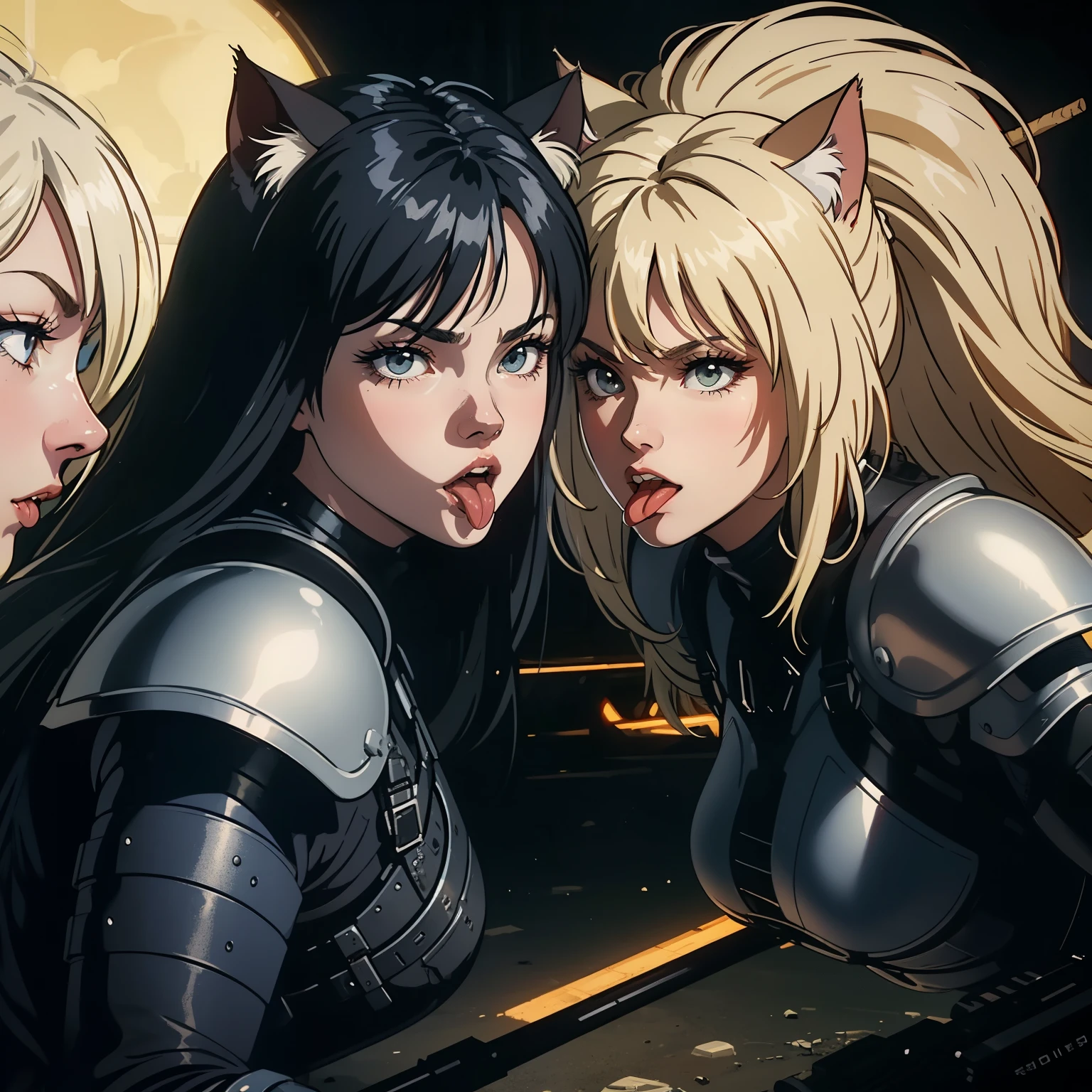 ((highest quality)), ((masterpiece)), (be familiar with), (High definition), 8K, Perfect Face、2Women、Two blonde women with cat ears、((Stick your tongue out))、((tankの砲身に跨がっている))、tall、2 Blonde cat ears、2. Long Hair、2. Volumetric hair style、big breasts、Narrow waist、Big Ass、glamorous、Alluring、protector、Armor、combat suit、combat boots、Armament、Equipped with large firearms、Cinematic、Best Shadow、Side lighting、NEO TOKYO、riot、explosion、tank、helicopter、(Close-up of face)