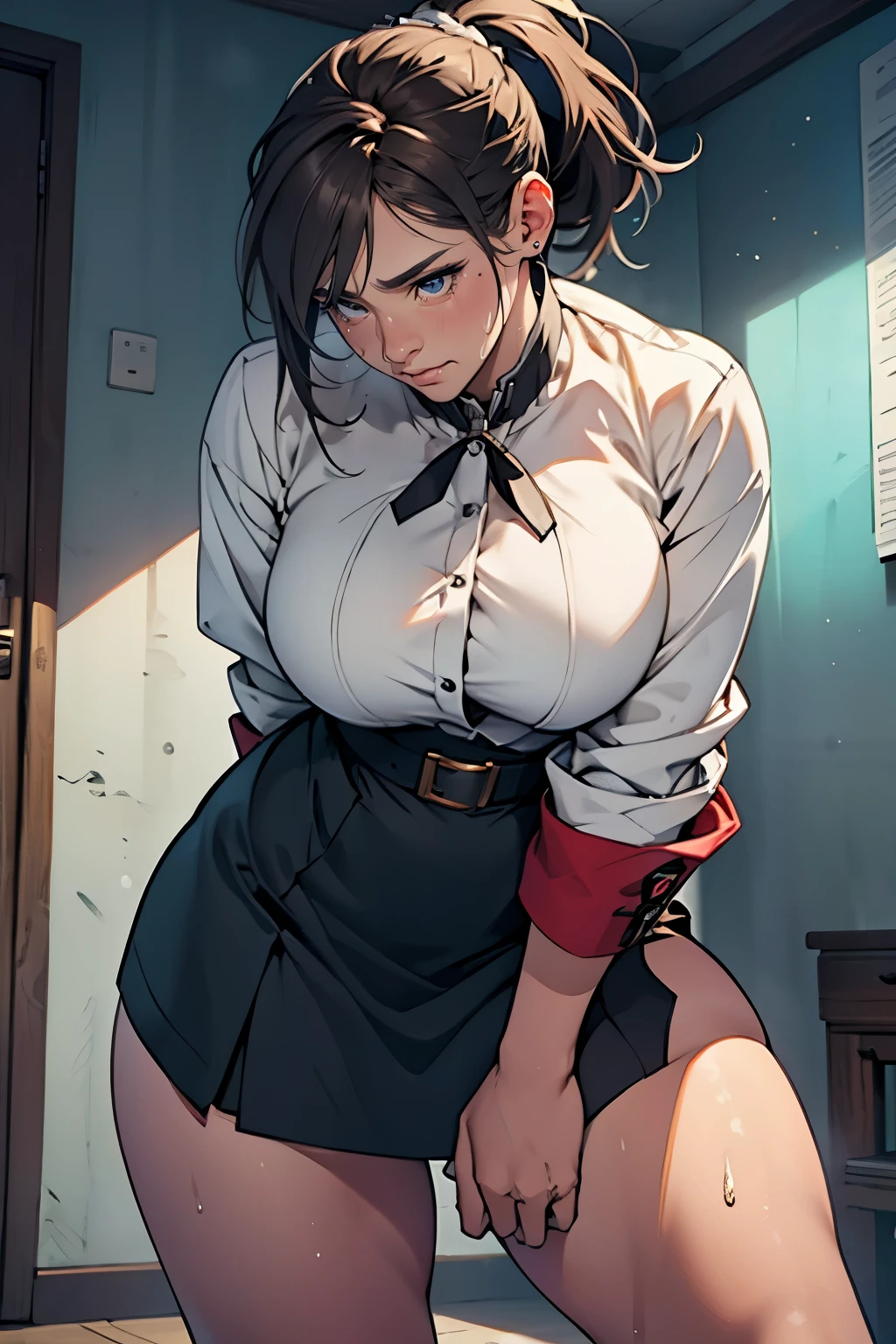 (Highly detailed CG Unity 8k wallpaper), (Masterpiece), (Highest quality), (Super detailed), (Best illustration), (Best shadow), (Absurd), 20 years old, Shy, Embarrassing, Sweat, steam, looking at the viewer, girl, ponytail, brown hair, white blouse, black skirt, upturned eyes,