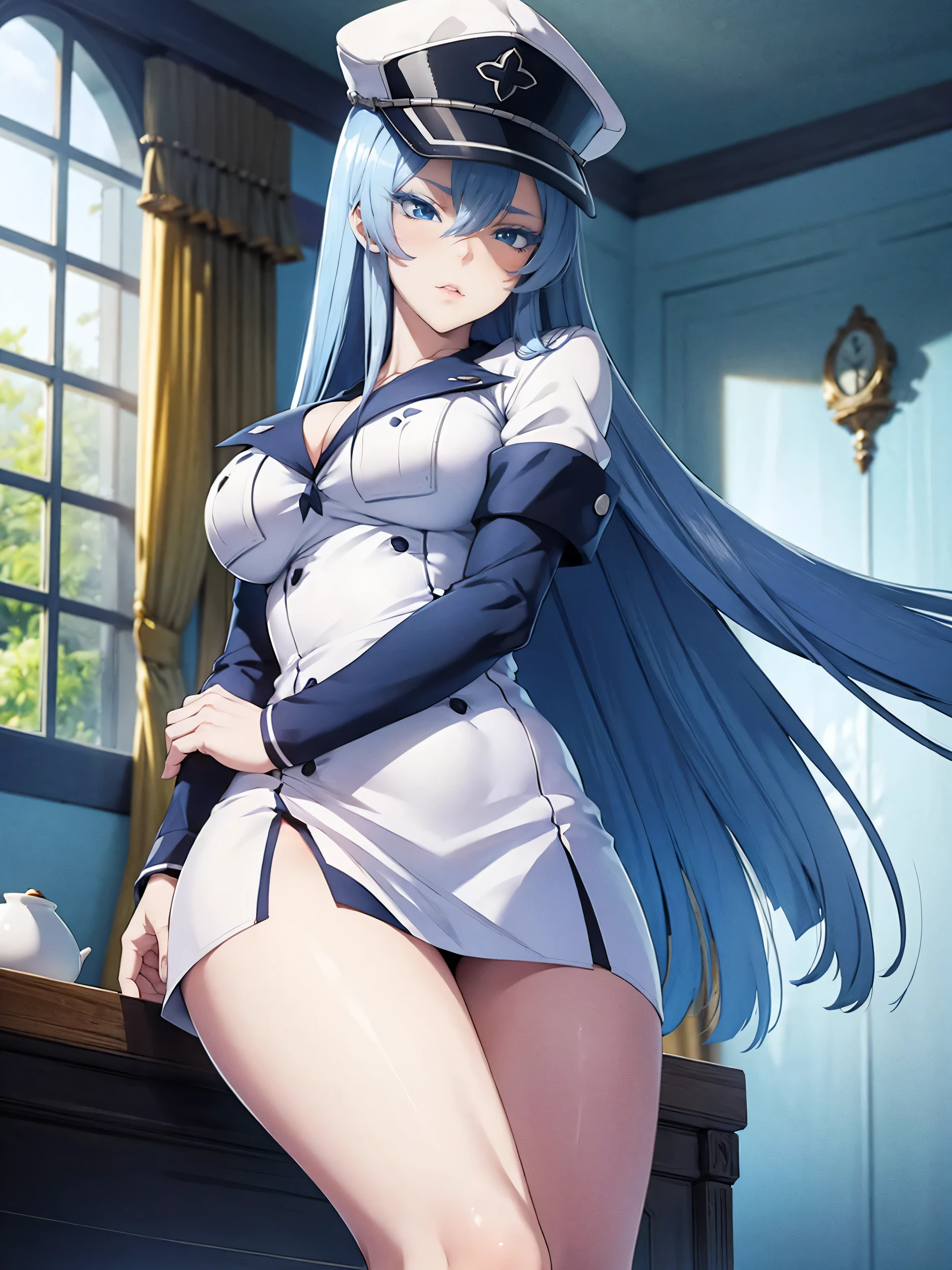 1 girl with long blue hair, blue eyes, blue eyelashes, big breasts, white sailor suit with captain's hat, bare legs, posing sexy, in a room