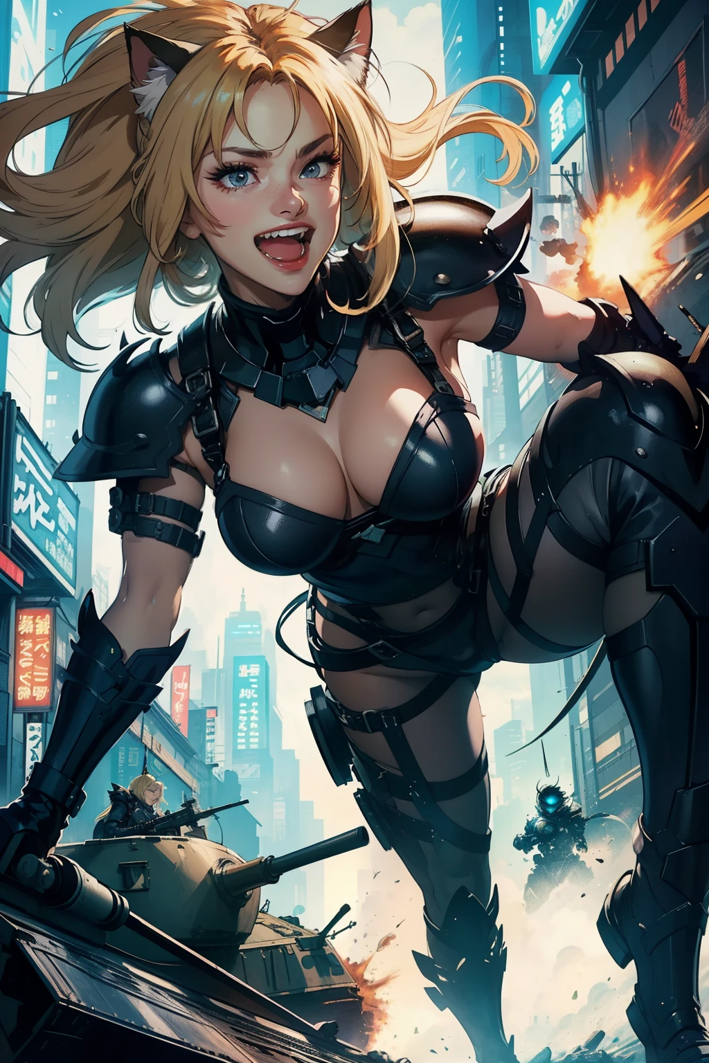 ((highest quality)), ((masterpiece)), (be familiar with), (High definition), 8K, Perfect Face、2Women、Two blonde women with cat ears、((laughing out loud))、((tankの砲身に跨がっている))、tall、2 Blonde cat ears、2. Long Hair、2. Volumetric hair style、big breasts、Narrow waist、Big Ass、glamorous、Alluring、protector、Armor、combat suit、combat boots、Armament、Equipped with large firearms、Cinematic、Best Shadow、Side lighting、NEO TOKYO、riot、explosion、tank、helicopter、(Close-up of face)