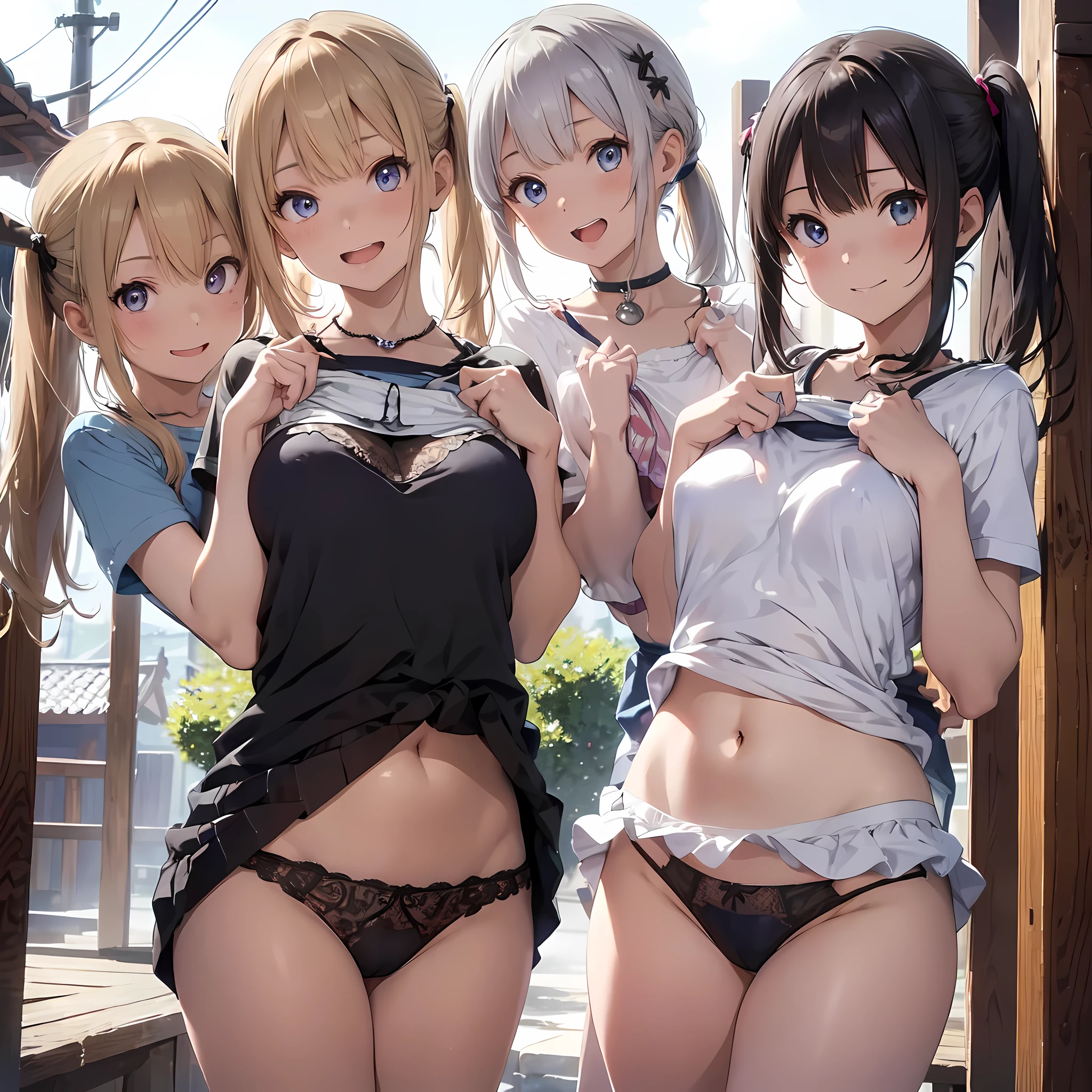 ((masterpiece, best quality, ultra quality, high quality, hyper detailed, intricate detailed, perfect anatomy, shiny skin, cowboy shot,)), (3 woman:1.5), cute woman are posing for a camera, (At a Japanese hot spring:1.2)、 (Lifting SHIRT:1.3), (open your mouth and laugh:1.3), (Stand in line)、(tits)、hair band, headband, hair bobbles, blouse, shirt,silver hair, brown hair, blond hair, (navel), jewelry, looking at viewer, necklace, long hair, short hair, (abs), (Depth of the bounds written), panties,