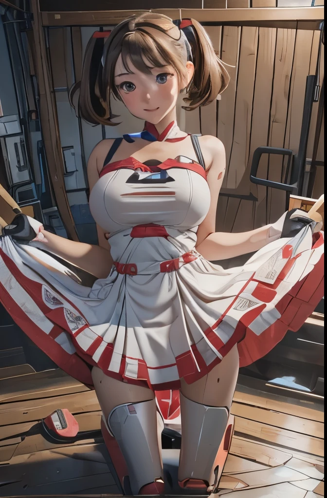 A Female robot is sleeping in bedroom, spread legs, nude, banzai pose. she wears no dress. She Brown short hair is tied with two big red clothespins, She lifts up the under hem of her white plain dress, leaning over, masterpiece, very short pigtails,brown hair, mature, android, blue eyes, full body figure, Height: 160cm, flushed cheeks, 2020s anime picture, A beautiful robot with short brown hair in two short pigtails held up by two very large huge red clothespins, Uplifting, No NSFW, whole body, barefoot, archaic smile, getting orgasm, 25 years old, sweat bucket. 