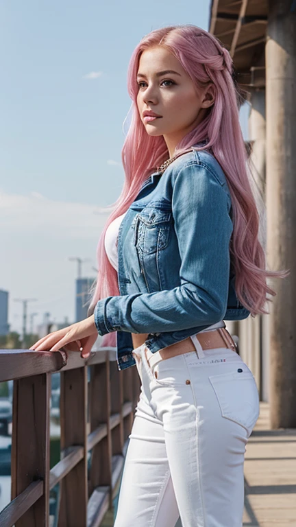 1girl, solo, pink_hair, long_hair, jacket, brown_eyes, shirt, parted_lips, white_shirt, pants, denim, jewelry, breasts, blue_jacket, necklace, open_clothes, lips, sky, day, open_jacket, medium_breasts, long_sleeves, nose, jeans, looking_to_the_side